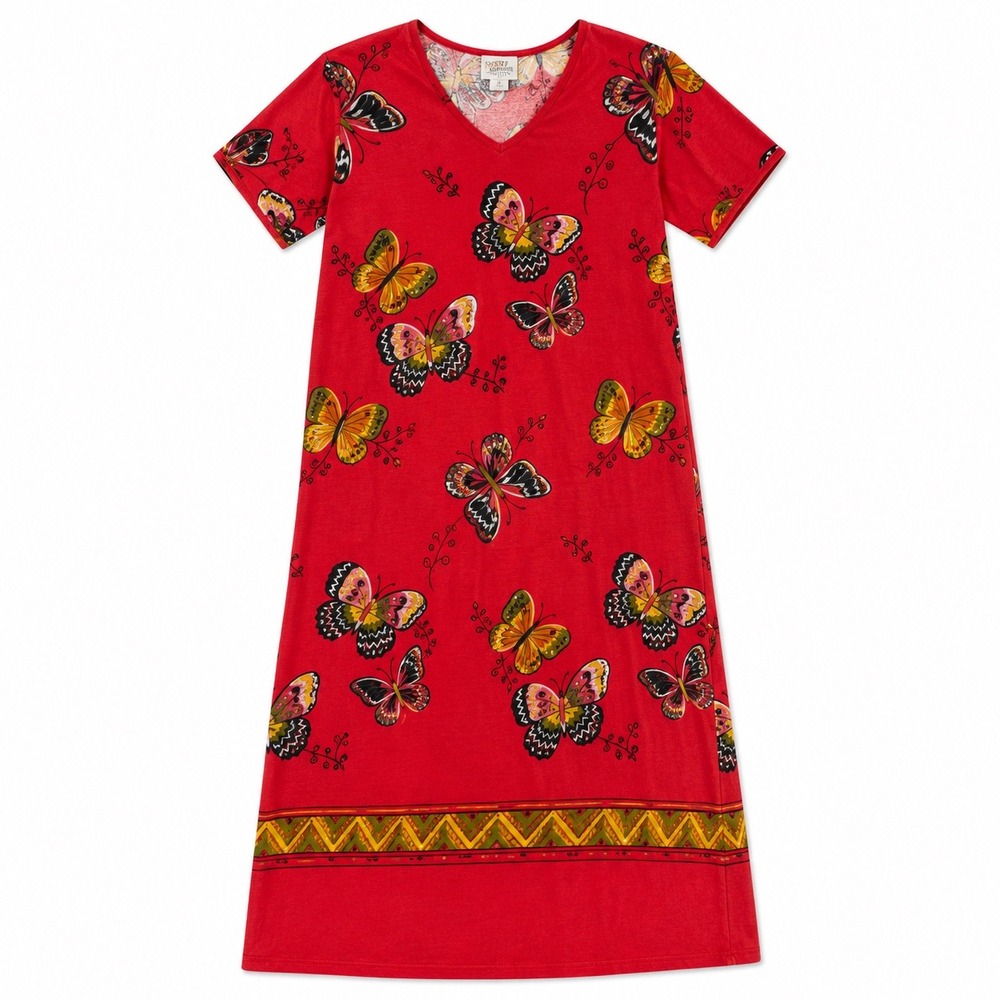 Womens Red Butterfly Print 100% Cotton V-Neck T-Shirt Dress Medium Fairy Core
